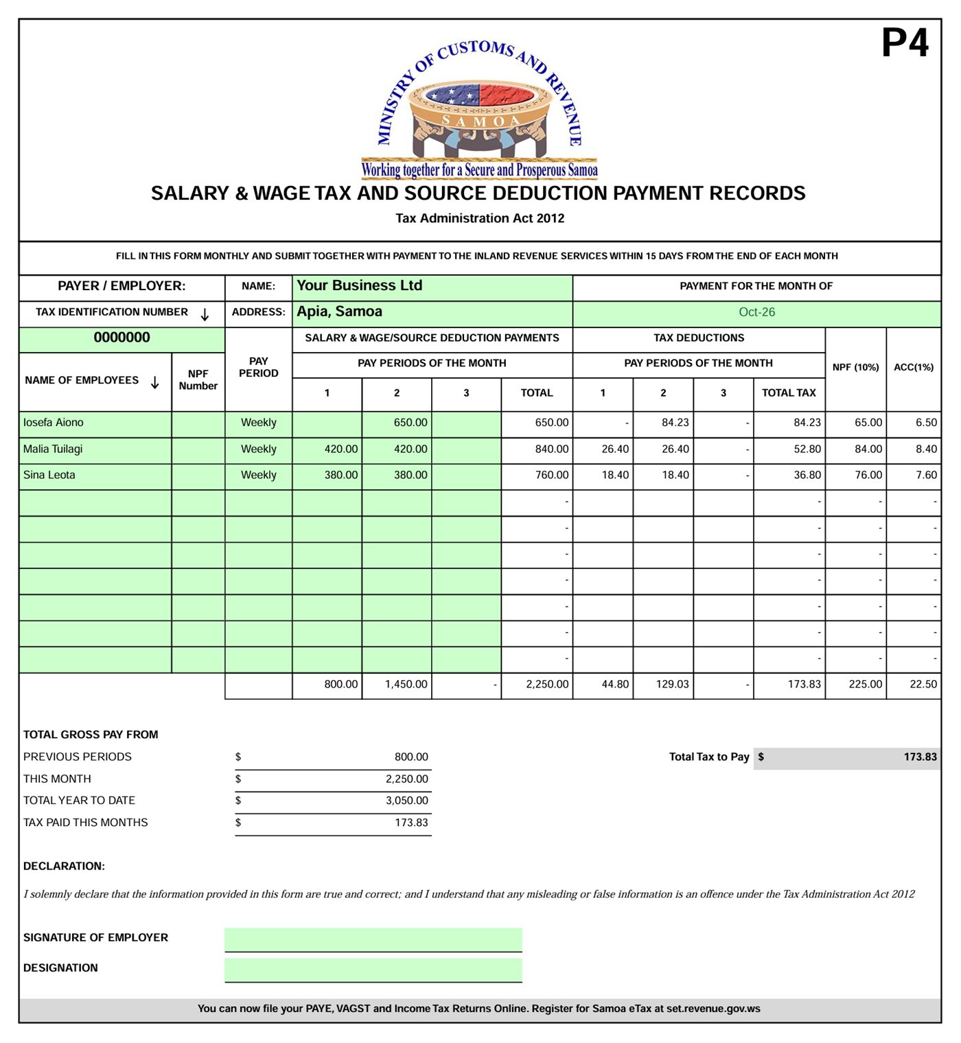 A P4 salary and wage tax return printed by Connect Payroll for a sample business in October 2026, with three staff and total tax to pay of $173.83