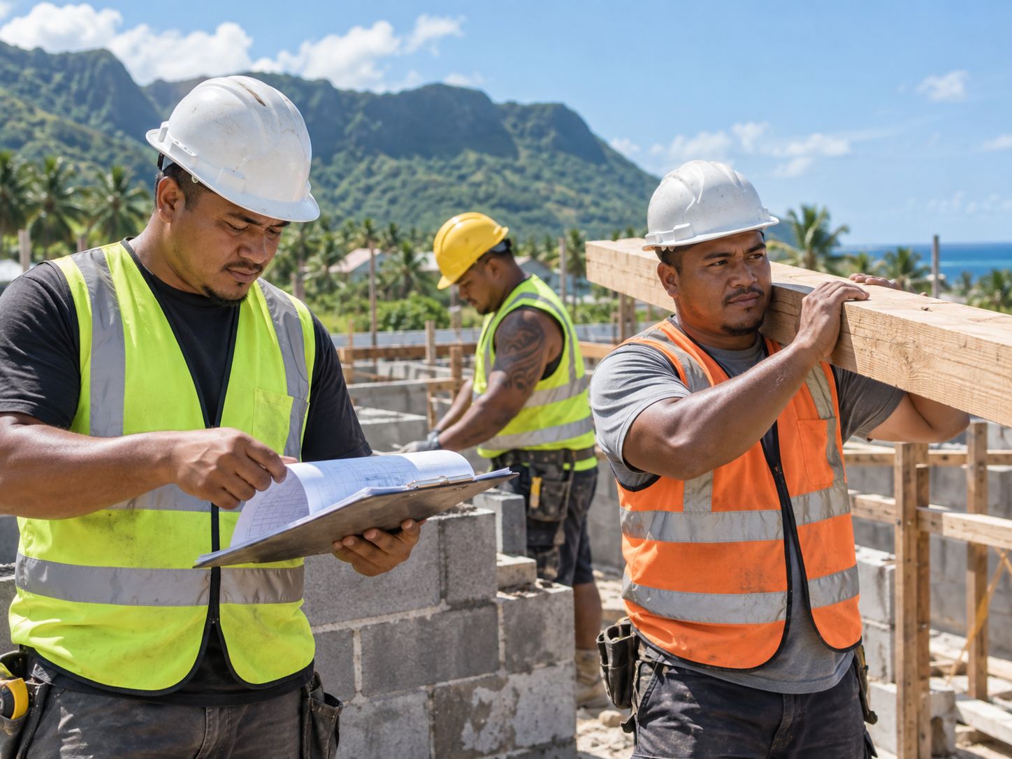 Three builders in hard hats on a building site, one reading plans