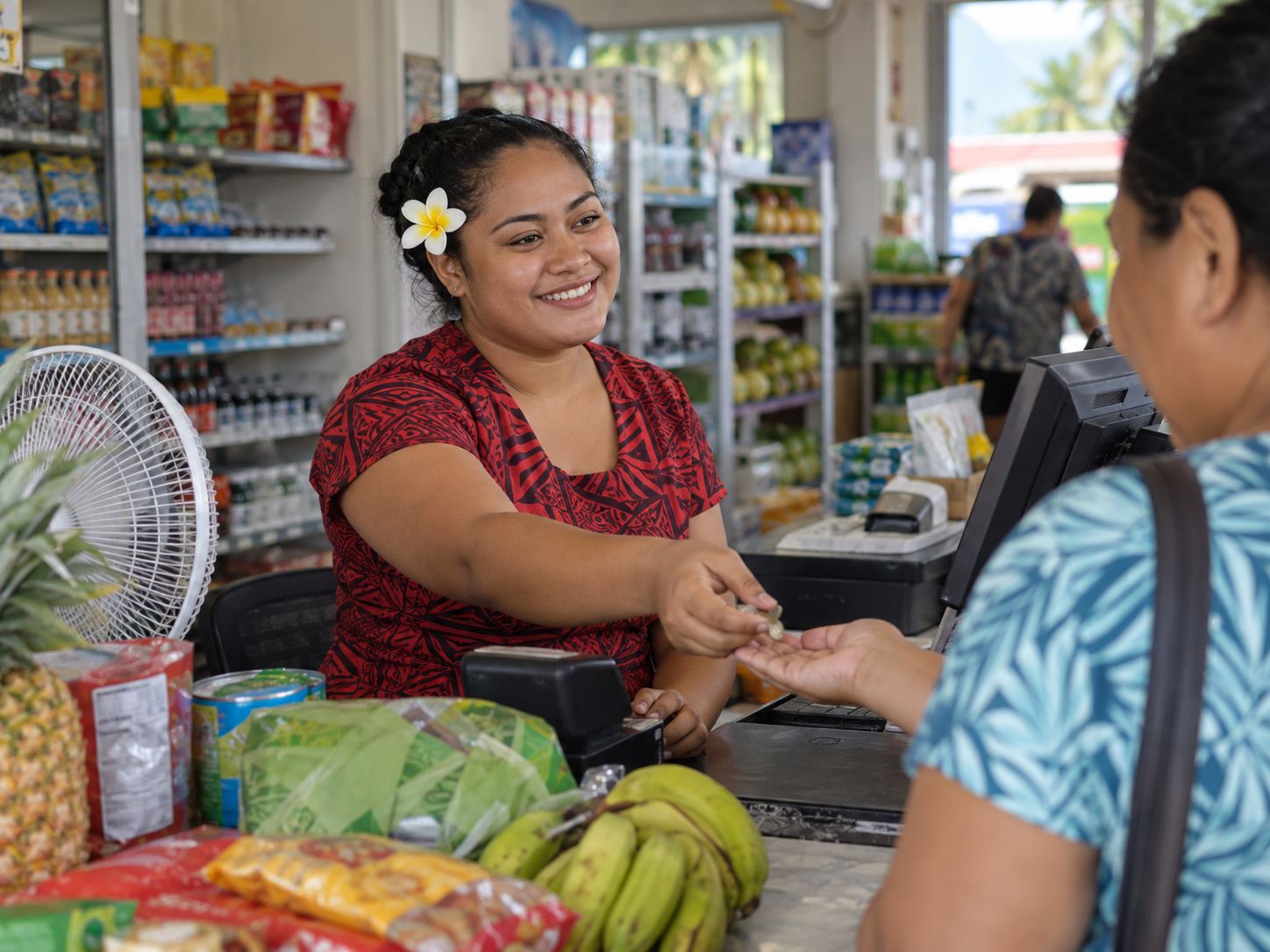 A cashier handing change to a customer at a small supermarket