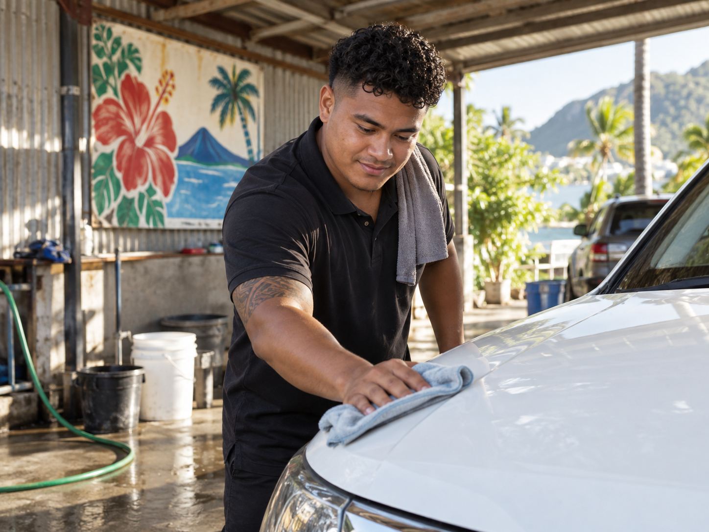 A young man polishing a white car in an open-sided workshop