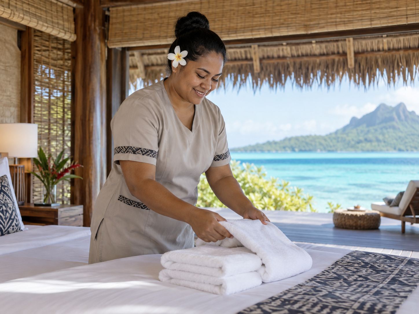 A housekeeper folding towels in a beach fale with the lagoon behind her