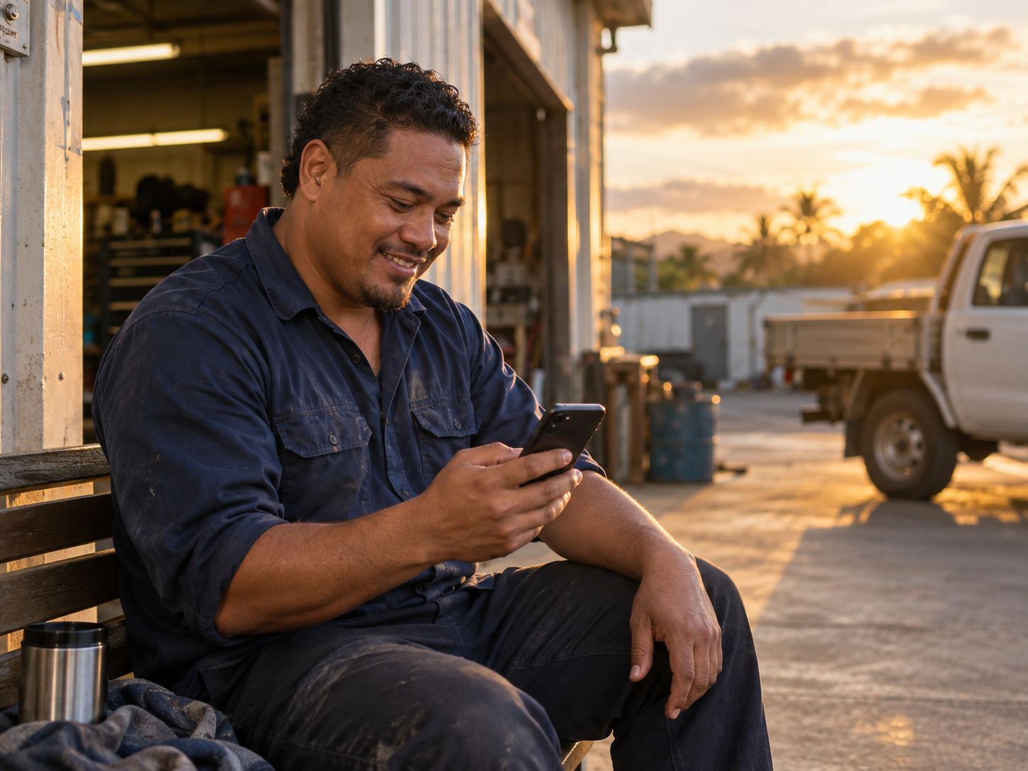 A worker sitting outside his workshop at the end of the day, smiling at his payslip on his phone