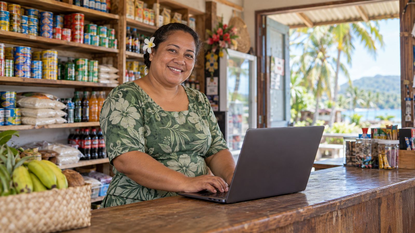 A shop owner in Apia smiling at her counter while she does the week’s payroll on a laptop